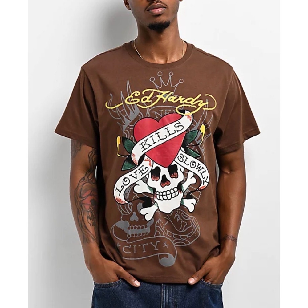 Ed Hardy LKS Skull Brown T-Shirt Sz S | Y2K Graphic Streetwear